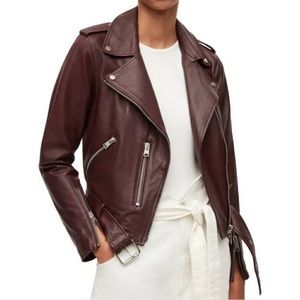 AllSaints Balfern Leather Biker Jacket in Deep Berry Color (Size 4)